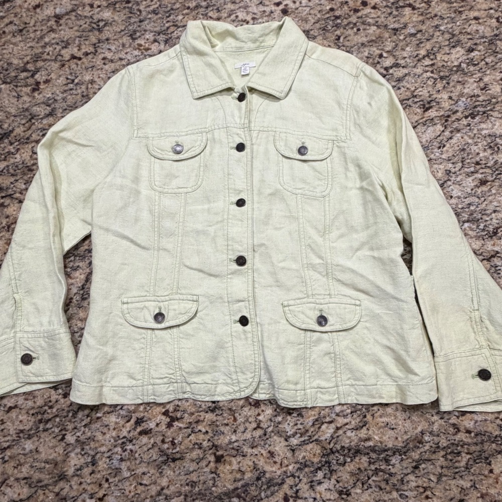 J. Jill Womens LP Petite Light Green 100% Linen Button Front Utility Jacke
